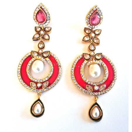 Long Pink Enamel Dangle Earrings with Diamonds and Pearls